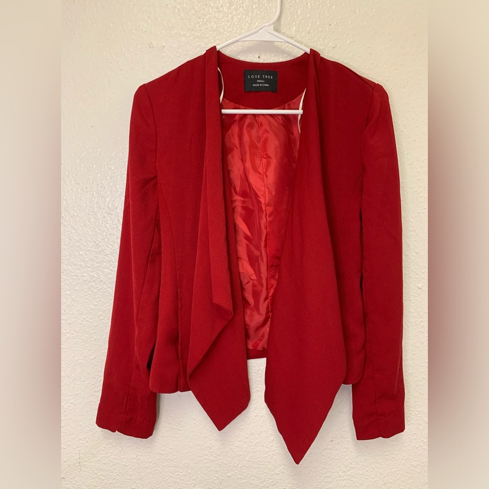 Love Tree Blazer Women's Size S Red Open Jacket with pockets, Long Sleeve